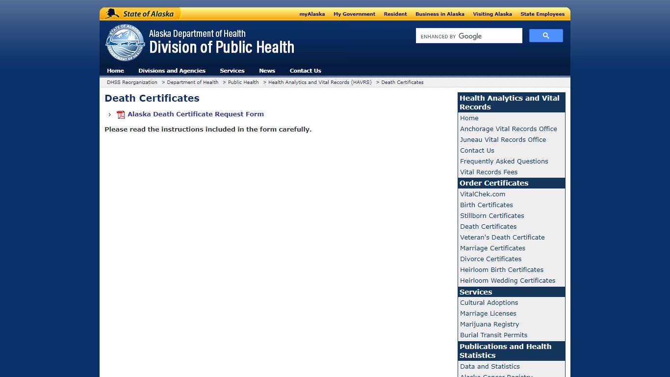 Death Certificates - Alaska Department of Health and Social Services